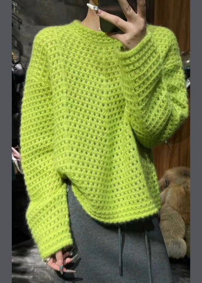 Vogue Green O-neck Hollow Out Cotton Knit Sweater Spring