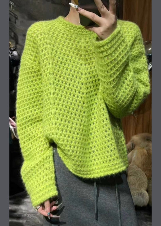 Vogue Green O-neck Hollow Out Cotton Knit Sweater Spring