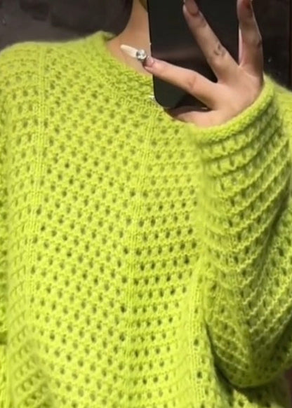 Vogue Green O-neck Hollow Out Cotton Knit Sweater Spring