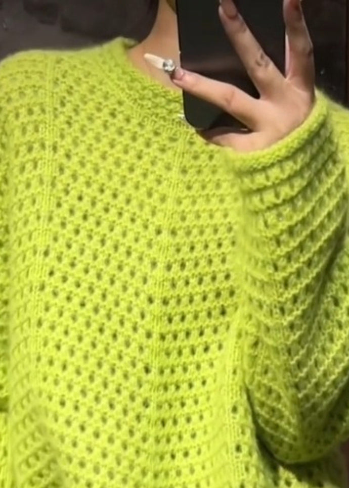 Vogue Green O-neck Hollow Out Cotton Knit Sweater Spring