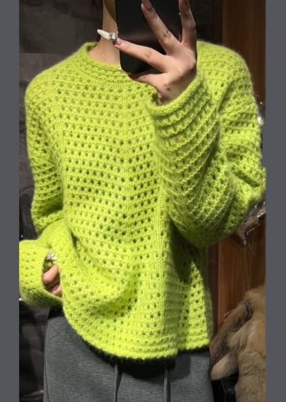 Vogue Green O-neck Hollow Out Cotton Knit Sweater Spring