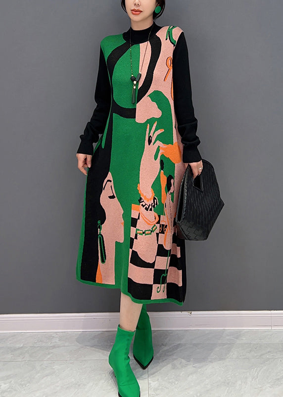 Vogue Green O-neck Print Knit Maxi Dress Fall