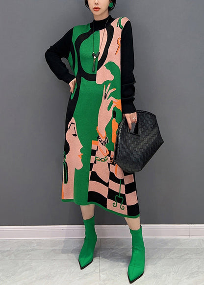 Vogue Green O-neck Print Knit Maxi Dress Fall