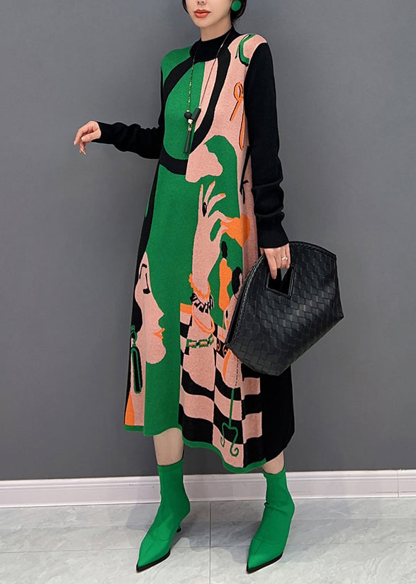 Vogue Green O-neck Print Knit Maxi Dress Fall