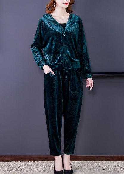 Vogue Green Print Silk Velour Hooded Coats and Harem Pants Two Pieces Set Fall