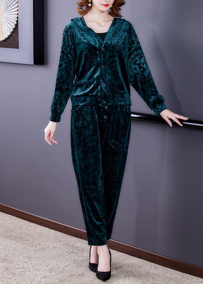 Vogue Green Print Silk Velour Hooded Coats and Harem Pants Two Pieces Set Fall