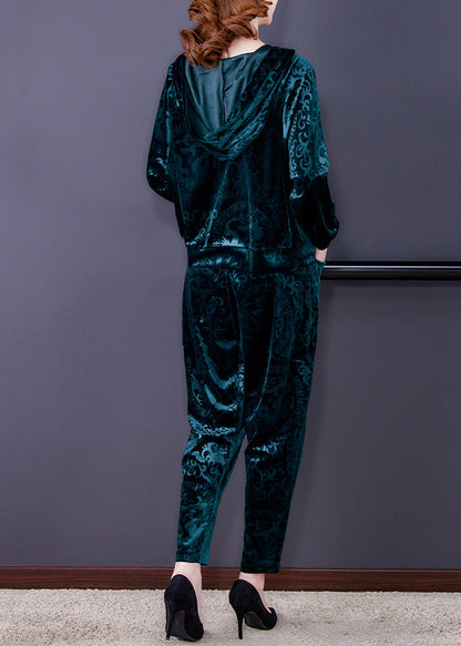 Vogue Green Print Silk Velour Hooded Coats and Harem Pants Two Pieces Set Fall