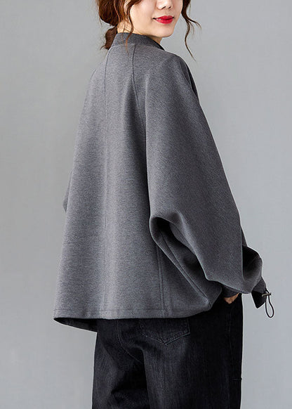 Vogue Grey O-neck Patchwork Drawstring Coat Long Sleeve