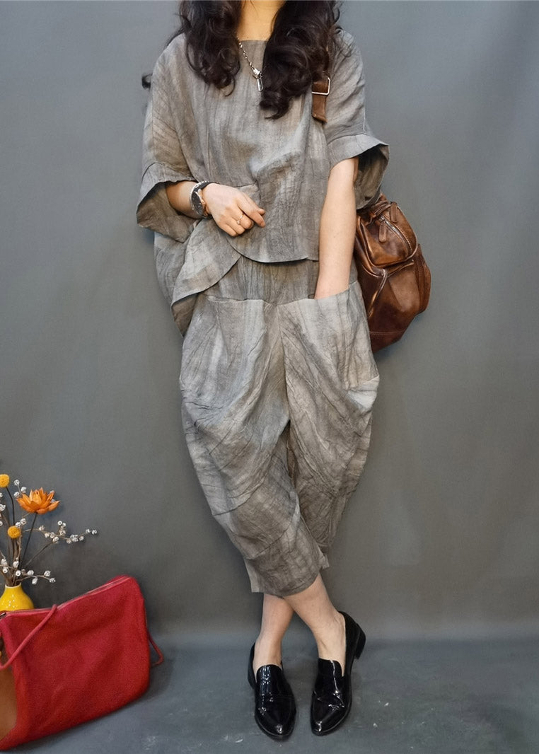 Vogue Grey O-neck Wrinkled Linen Top and Harm Pants Two Pieces Set Batwing Sleeve