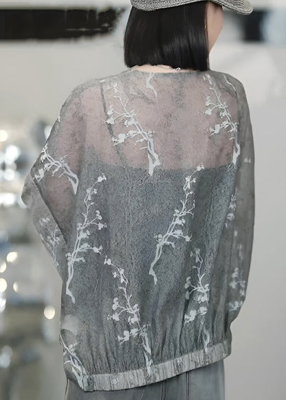Vogue Grey V Neck Print Button Tulle Coats Batwing Sleeve