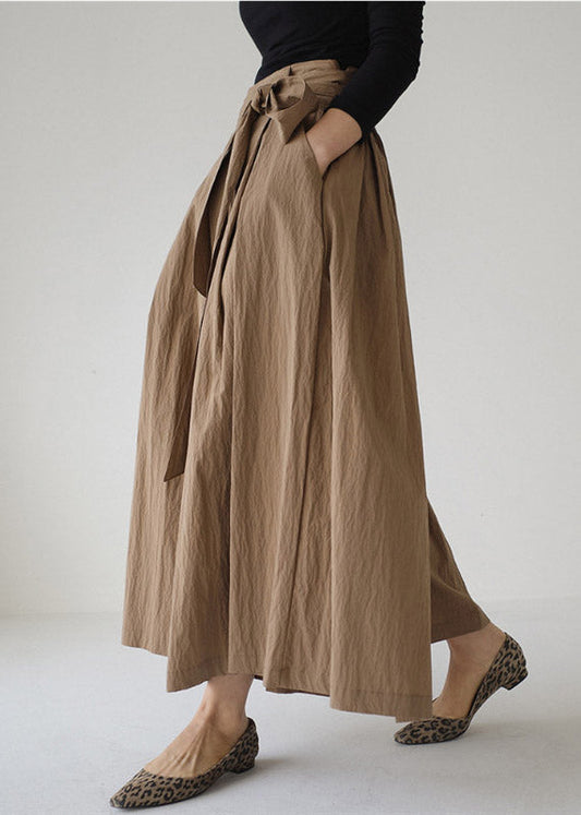 Vogue Khaki Pockets Tie Waist Corduroy Wide Leg Pants Spring