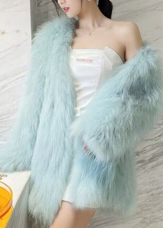 Vogue Light Green V Neck Button Leather and Fur Coat Winter