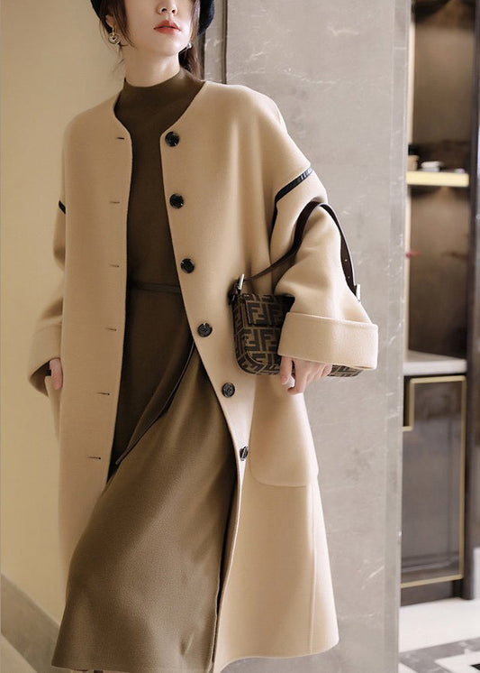 Vogue O-neck Pockets Patchwork Button Woolen Trench Coats Long Sleeve