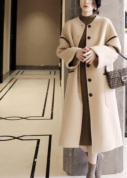 Vogue O-neck Pockets Patchwork Button Woolen Trench Coats Long Sleeve