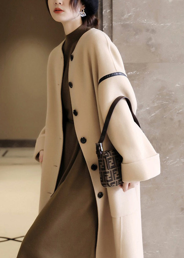 Vogue O-neck Pockets Patchwork Button Woolen Trench Coats Long Sleeve