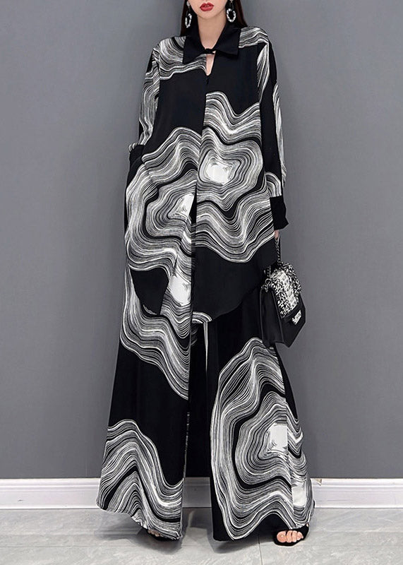 Vogue Peter Pan Collar Print Shirts and Wide Leg Pants Two Piece Set Long Sleeve