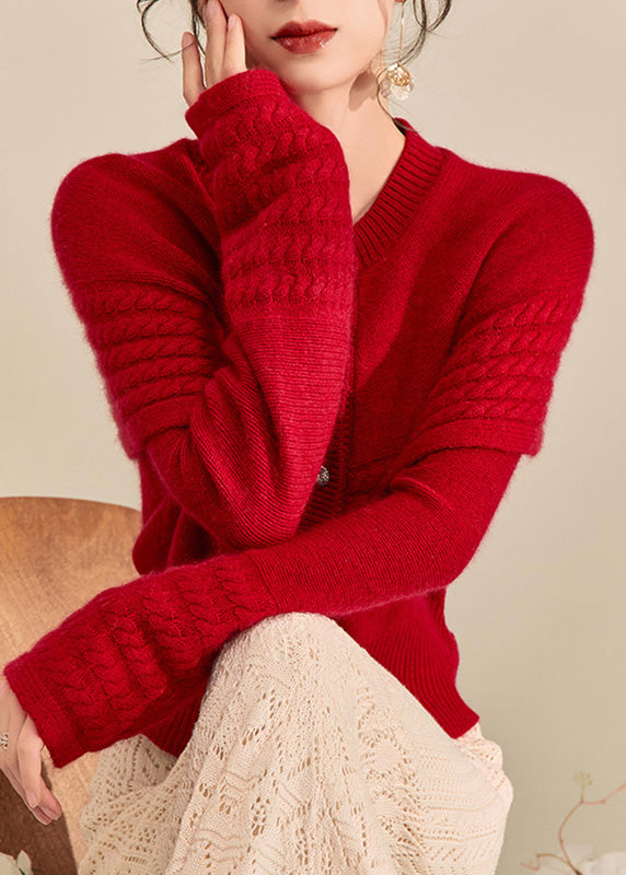 Vogue Red Button Shawl Fake Two Pieces Thick Cotton Knit Sweater Spring