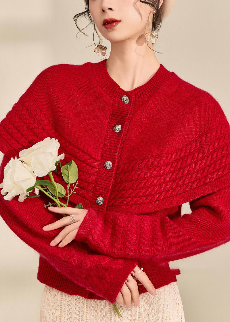 Vogue Red Button Shawl Fake Two Pieces Thick Cotton Knit Sweater Spring