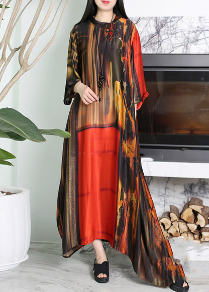 Vogue Red O-neck Asymmetrical Print Silk Maxi Dress Summer
