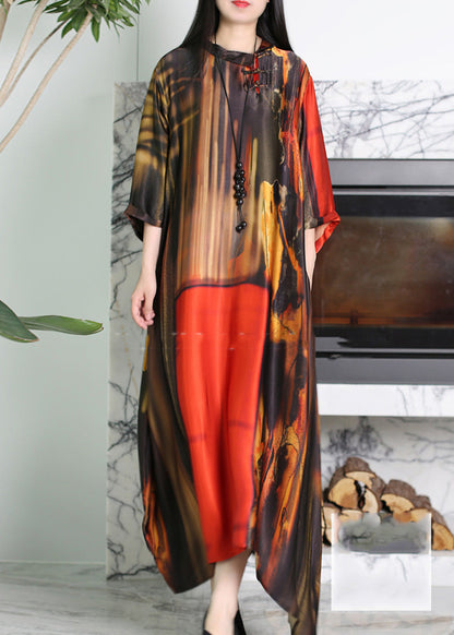 Vogue Red O-neck Asymmetrical Print Silk Maxi Dress Summer