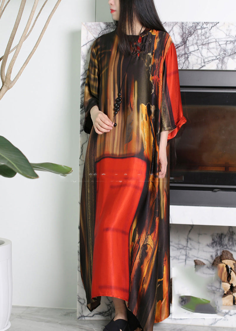 Vogue Red O-neck Asymmetrical Print Silk Maxi Dress Summer