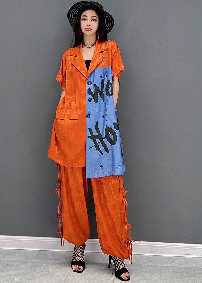 Vogue Red Peter Pan Collar Print Shirt and Pants Two Piece Set Summer