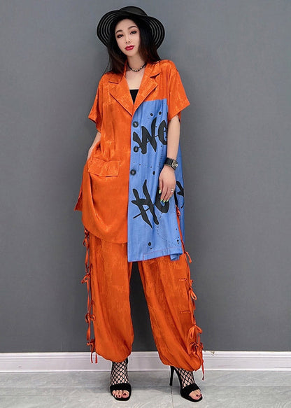 Vogue Red Peter Pan Collar Print Shirt and Pants Two Piece Set Summer