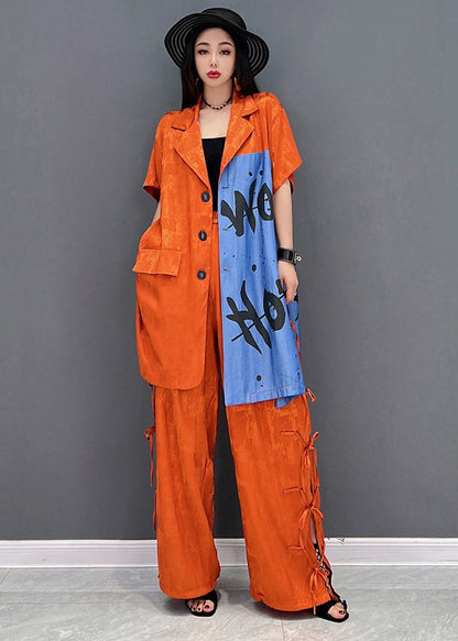 Vogue Red Peter Pan Collar Print Shirt and Pants Two Piece Set Summer