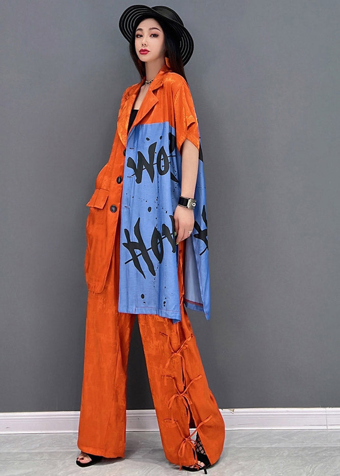 Vogue Red Peter Pan Collar Print Shirt and Pants Two Piece Set Summer