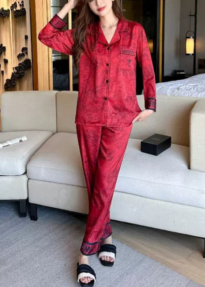Vogue Red Print Silk Shirts and Wide Leg Pants Two Pieces Set Long Sleeve