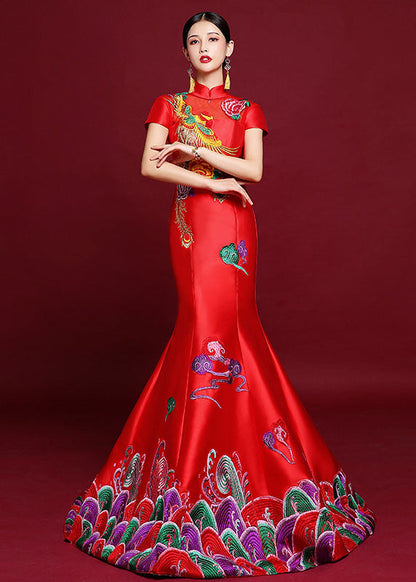 Vogue Red Stand Collar Embroidered Silk Mopping Fishtail Long Dress Short Sleeve