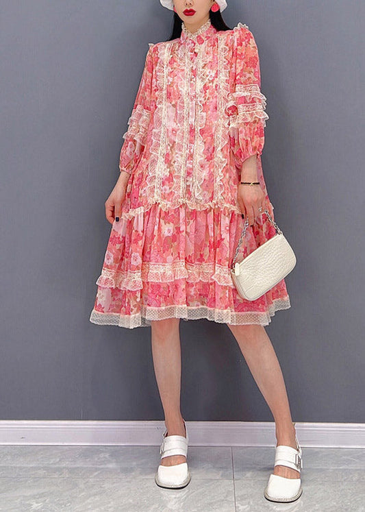 Vogue Red Stand Collar Print Patchwork Lace Ruffled Chiffon Dress Long Sleeve