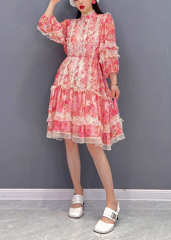 Vogue Red Stand Collar Print Patchwork Lace Ruffled Chiffon Dress Long Sleeve