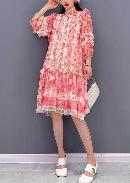 Vogue Red Stand Collar Print Patchwork Lace Ruffled Chiffon Dress Long Sleeve