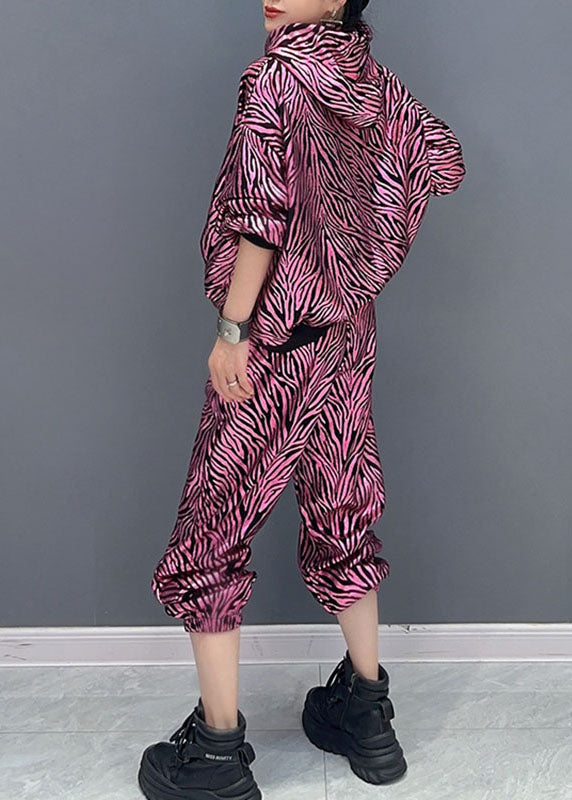 Vogue Rose Striped Print Hooded Top and Pants Two Pieces Set Fall