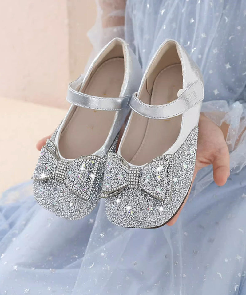 Vogue Silvery Bow Silvery Splicing Buckle Strap Flat Feet Shoes
