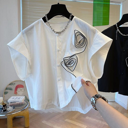 Vogue White O-neck Rose Button Shirts Batwing Sleeve