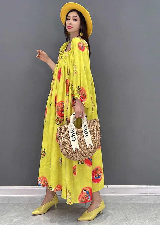 Vogue Yellow O-neck Print Chiffon Dresses Long Sleeve