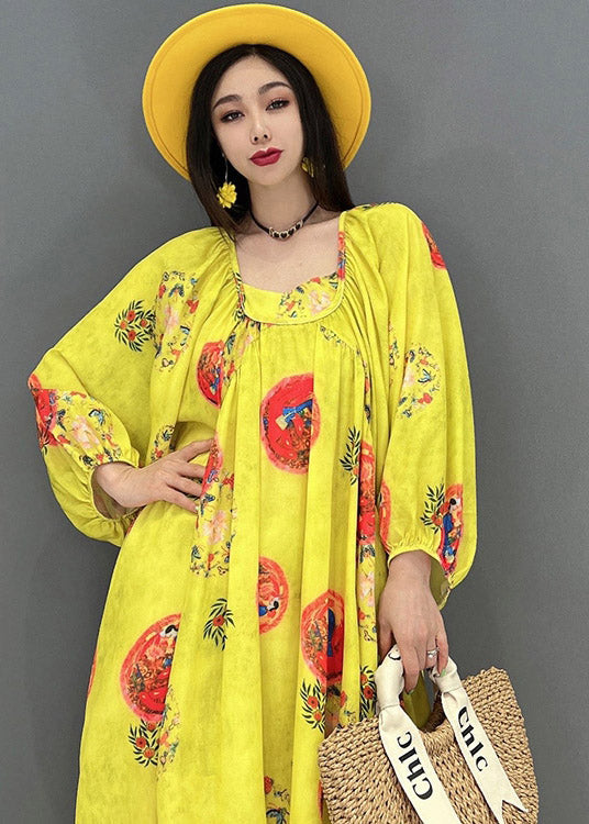 Vogue Yellow O-neck Print Chiffon Dresses Long Sleeve