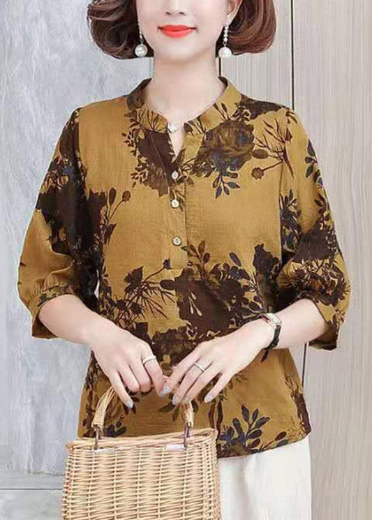 Vogue Yellow V Neck Print Button Shirt Half Sleeve