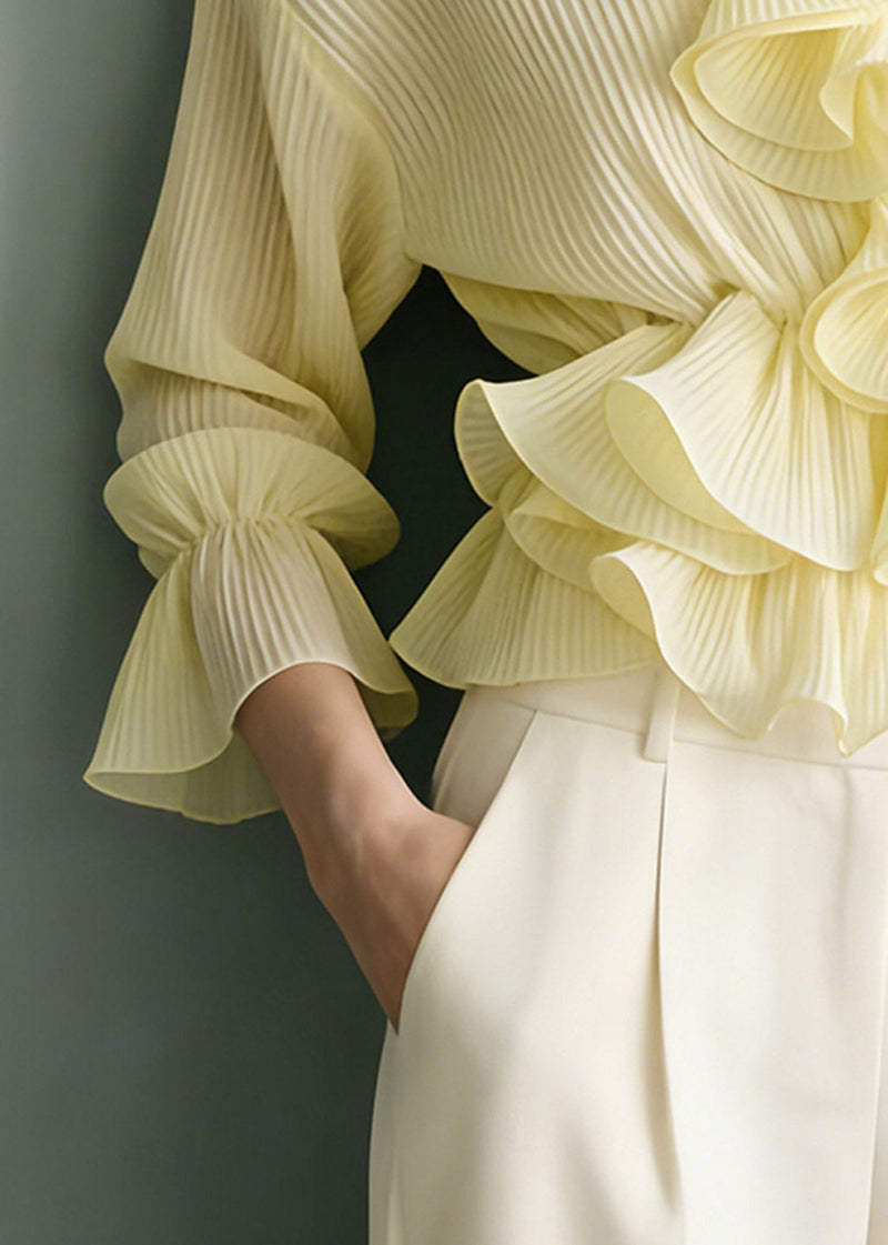 Vogue Yellow V Neck Ruffled Shirt Flare Sleeve