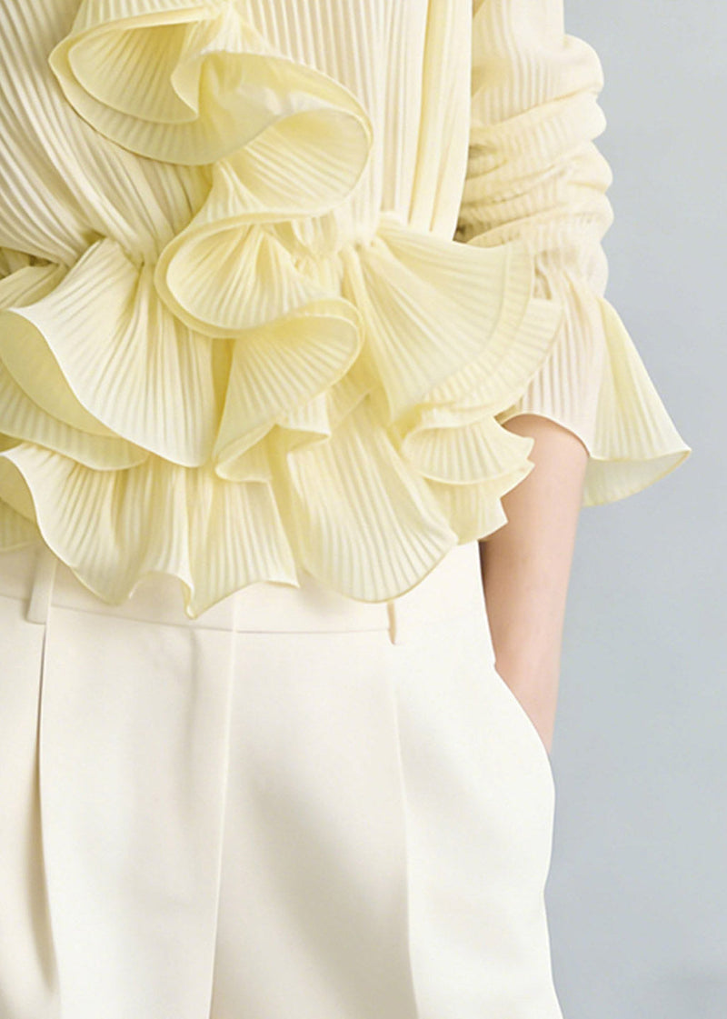 Vogue Yellow V Neck Ruffled Shirt Flare Sleeve