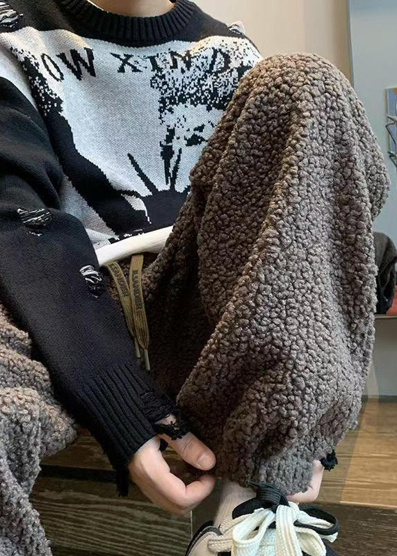 Warm Coffee Elastic Waist Teddy Faux Fur Beam Pants Winter
