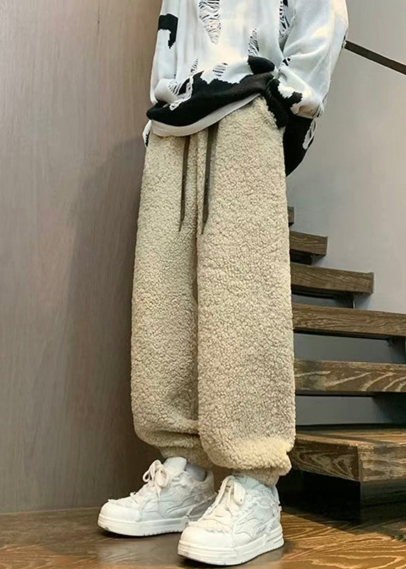 Warm Coffee Elastic Waist Teddy Faux Fur Beam Pants Winter