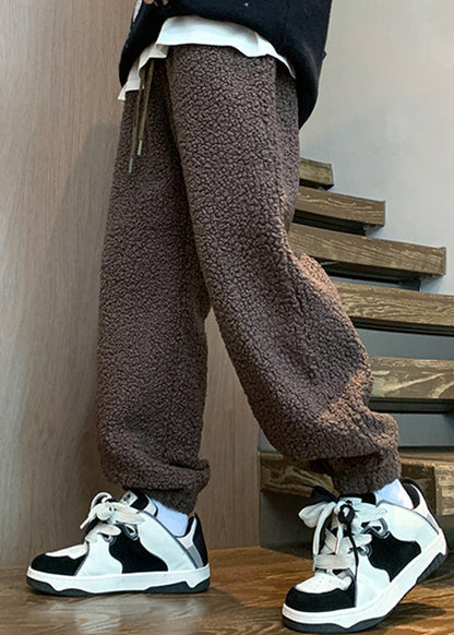 Warm Coffee Elastic Waist Teddy Faux Fur Beam Pants Winter