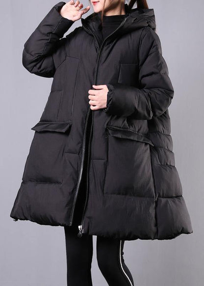 Warm Loose Fitting Jackets & Coats Winter Outwear Black Hooded Zippered Coats