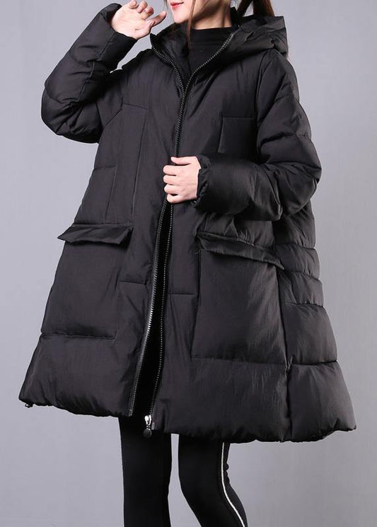 Warm Loose Fitting Jackets & Coats Winter Outwear Black Hooded Zippered Coats