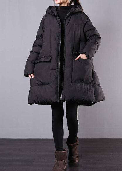Warm Loose Fitting Jackets & Coats Winter Outwear Black Hooded Zippered Coats