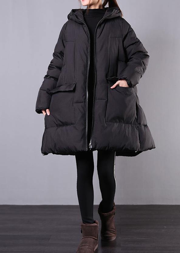 Warm Loose Fitting Jackets & Coats Winter Outwear Black Hooded Zippered Coats