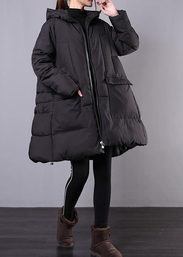 Warm Loose Fitting Jackets & Coats Winter Outwear Black Hooded Zippered Coats